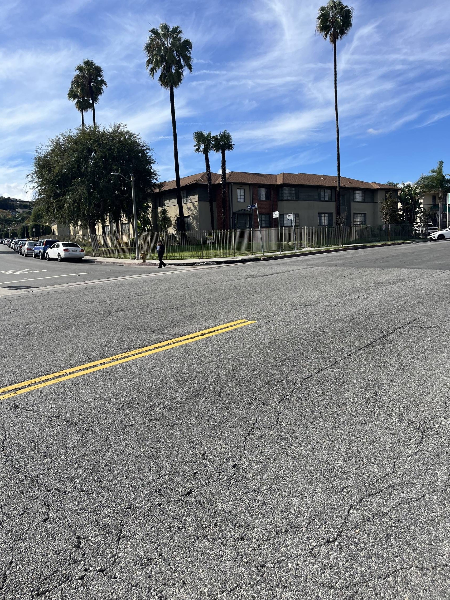 A street with a yellow line in the middle and palm trees on the side.