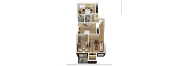 a furnished 3D floor plan of a 2 bedroom, 2 bathroom apartment.