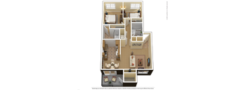 A 3D furnished floor plan of a 2 bedroom, 2 bathroom floor plan.
