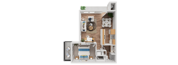 A 3D floor plan of a small apartment with a living room, kitchen, and bathroom.