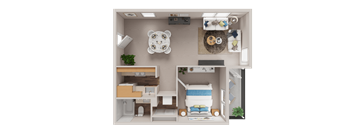 A 3D floor plan of a small apartment with a kitchen, living room, and bedroom.