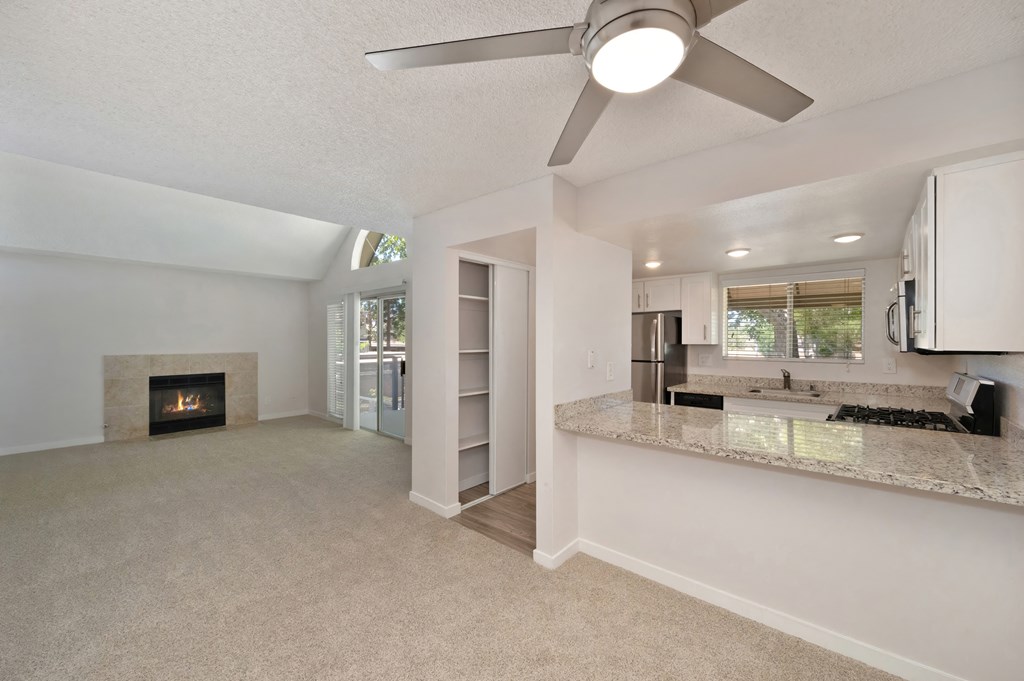a living room with a fireplace and a kitchen