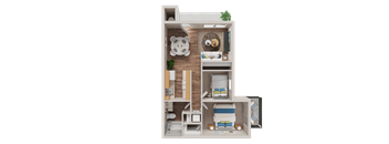A 3D floor plan of a small apartment with a bedroom, living room, and kitchen.