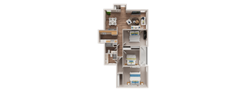 A 3D floor plan of a house with a kitchen, living room, and bedrooms.