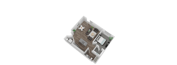 A 3D rendered image of a small apartment layout.
