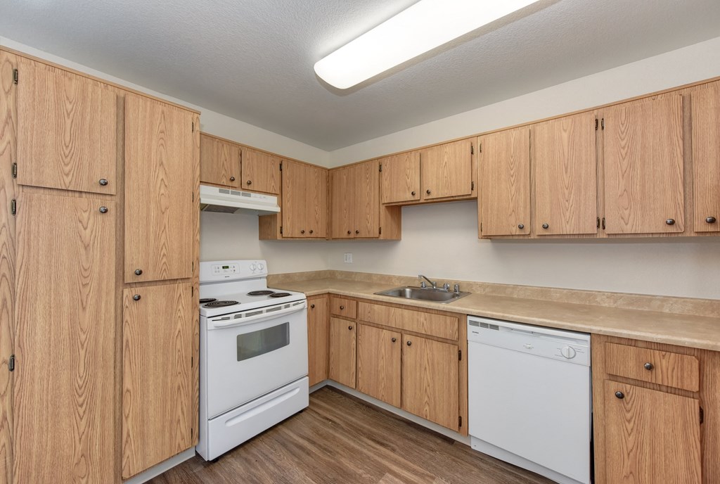 Kitchen area with multiple cabinets for storage, oven, stove and dishwasher in white.