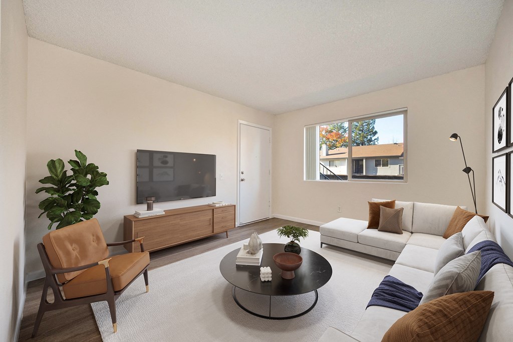 the living room of a 2x1 apartment with a couch and a coffee table