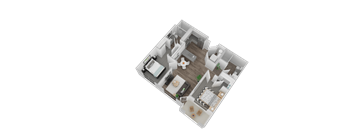 A 3D floor plan of a house with a kitchen, living room, and dining area.