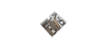 A 3D rendered image of a small apartment layout.