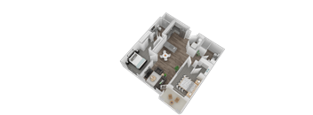 A 3D floor plan of a house with a kitchen, living room, and two bedrooms.