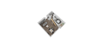 A 3D rendered image of a house layout.