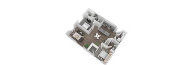 A 3D floor plan of a house with a living room, kitchen, and two bedrooms.