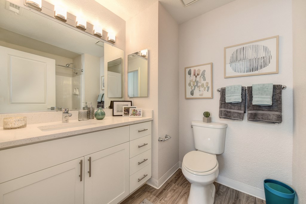 Bedroom with Hardwood Inspired Floor, Toilet, Vanity and White Cabinets at The Legacy Apartments, Antelope, California