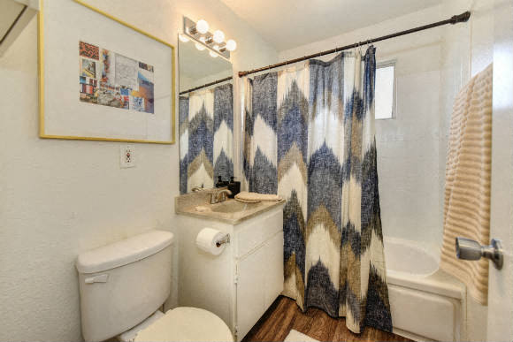 Bathroom with Toilet, Decorated Blue/White Shower Curtains and Bathtub at Olympus Park Apartments, Roseville, 95661