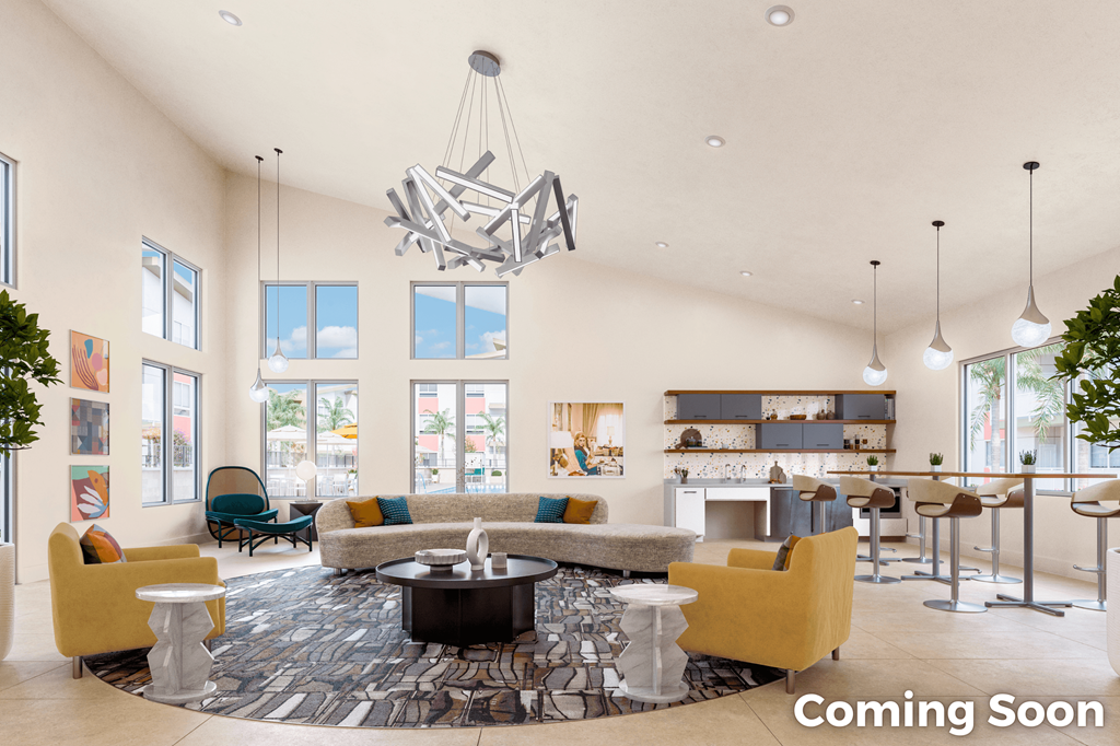 An atist rendering of the new Leasing Office with yellow couches and chairs and a large chandelier