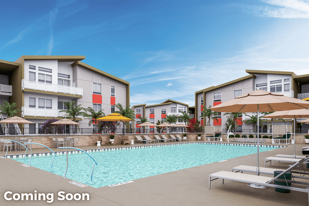Artist rendering of the swimming pool with lounge chairs and umbrellas in front of an apartment building