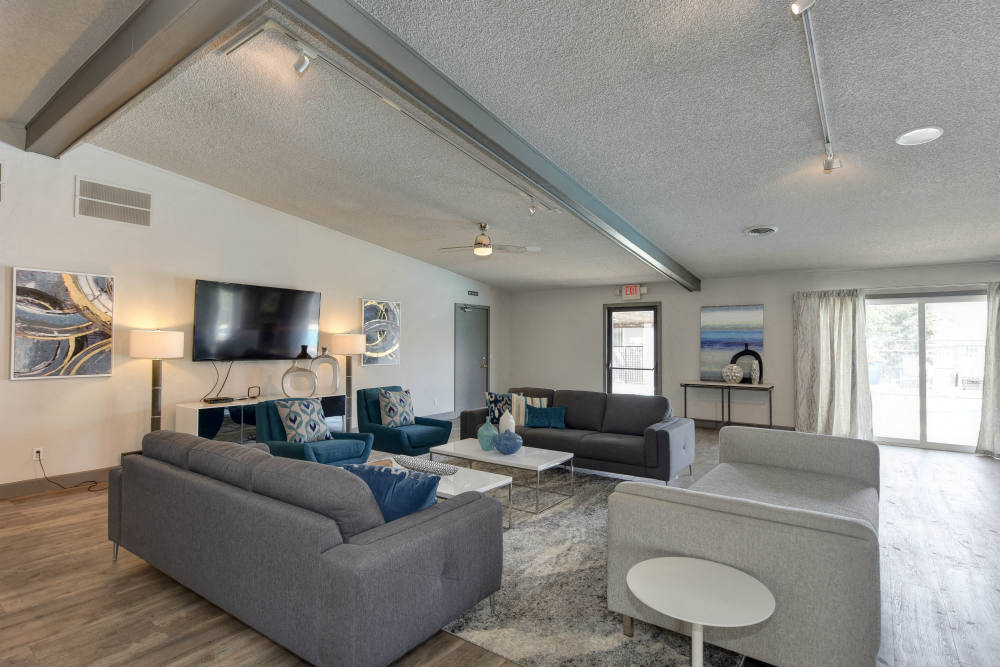 Community Clubhouse Lounge Area with Harwood inspired flooring through out with gray couches and Flat Screen Television at The Renaissance Apartments, Citrus Heights, CA 95610