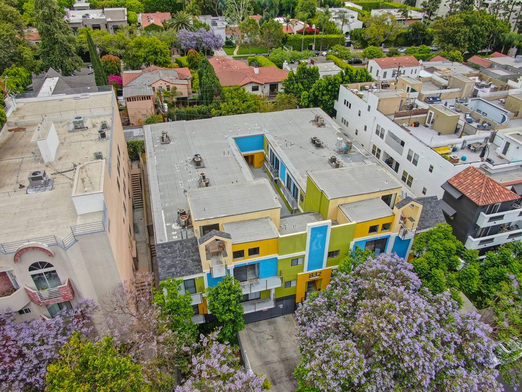 Ariel drone shot over the top of the Croft Plaza  community,at Croft Plaza Apartments, California