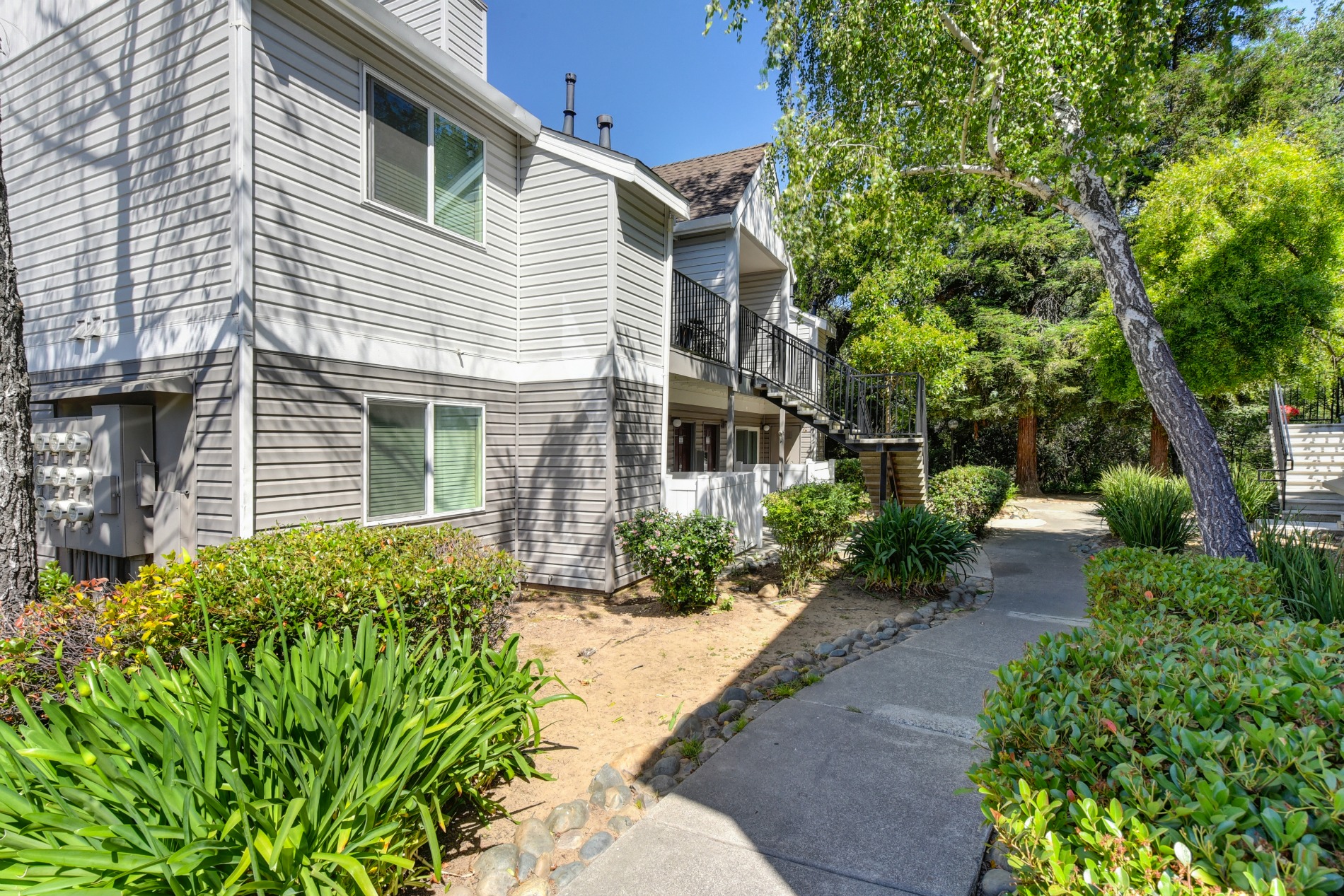 Apartment Exterior with Trees, Bushes and Walkway at Hidden Oaks Apartments, California, 95610
