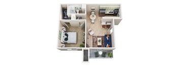 a stylized floor plan with a bedroom and living room