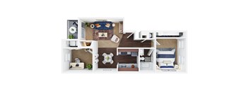 A top-down view of a small apartment layout with a kitchen, living room, and bedroom.