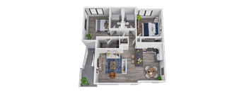 A top-down view of a house interior with a kitchen, living room, and bedrooms.