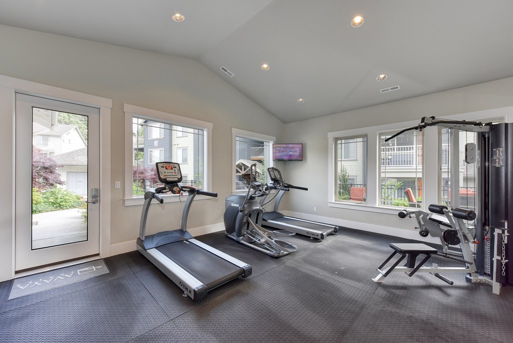 Fitness Center withTreadmill, Elliptical, Chest Machines, Full Mirrors, Rubber Matt Floor