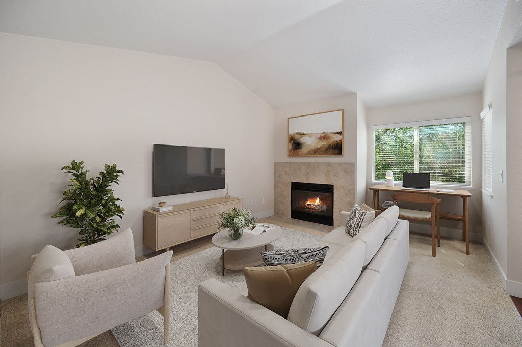 a living room with a couch and a tv and a fireplace at Folsom Ranch, Folsom, California