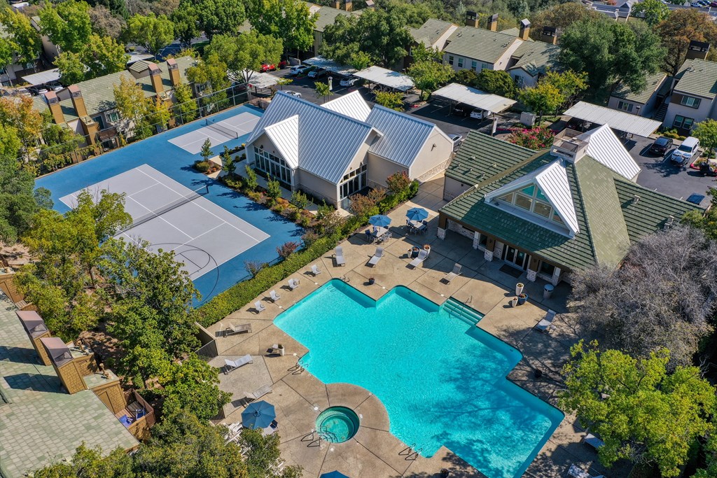 Drone View of Community showcasing the area above the clubhouse and pool area at Folsom Ranch, Folsom, CA, 95630