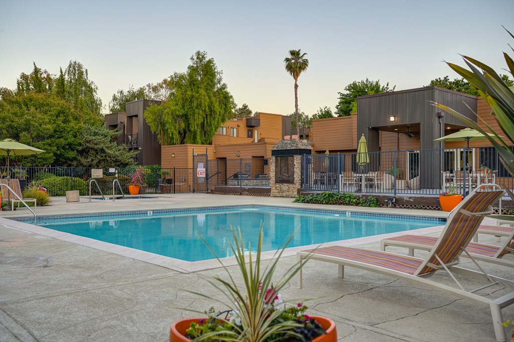A pool surrounded by chairs and plants with a building in the background.