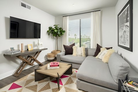 A living room with a grey couch, a coffee table, and a flat screen TV mounted on the wall.
