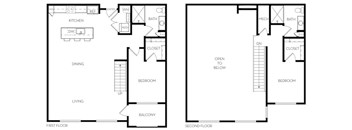 A black and white image of a two-story house floor plan.