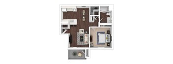 Furnished 3d Floor plan of a 1 bedroom 1 bathroom apartment home at Hastings Park Apartments in Antelope, CA