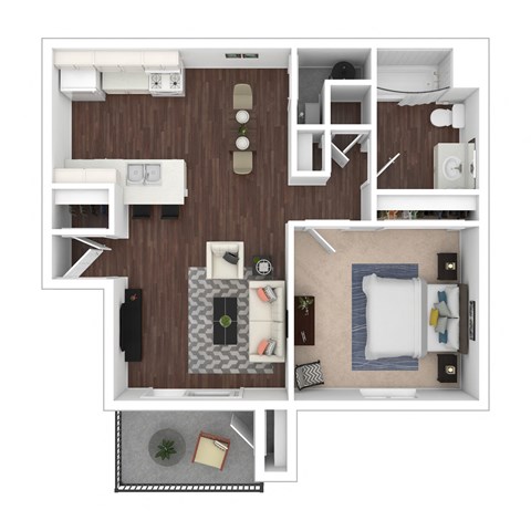Furnished 3d Floor plan of a 1 bedroom 1 bathroom apartment home at Hastings Park Apartments in Antelope, CA