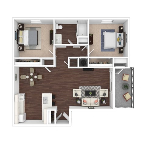 Furnished 3d Floor plan of a 2 bedroom 1 bathroom apartment home at Hastings Park Apartments in Antelope, CA