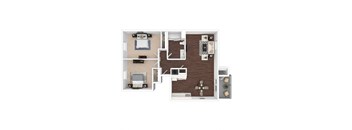 Furnished 3d Floor plan of a 2 bedroom 1 bathroom apartment home at Hastings Park Apartments in Antelope, CA