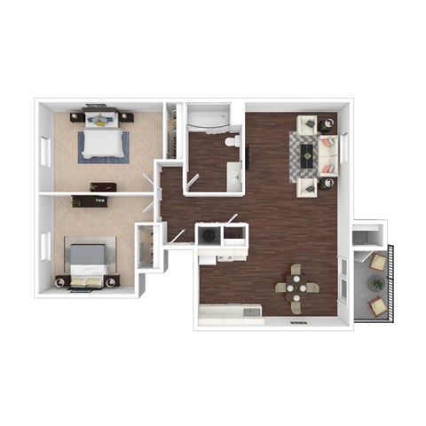 Furnished 3d Floor plan of a 2 bedroom 1 bathroom apartment home at Hastings Park Apartments in Antelope, CA