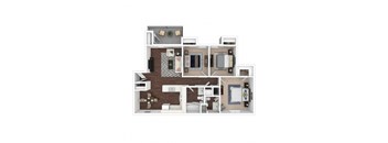 Furnished 3d Floor plan of a 3 bedroom 2 bathroom apartment home at Hastings Park Apartments in Antelope, CA