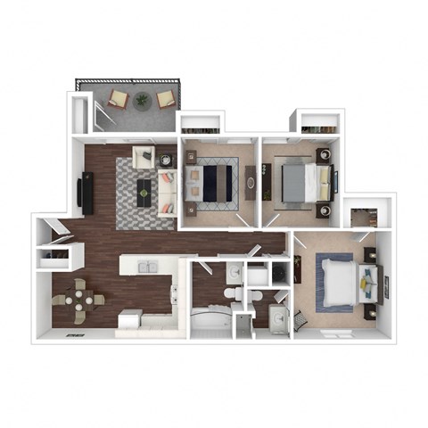 Furnished 3d Floor plan of a 3 bedroom 2 bathroom apartment home at Hastings Park Apartments in Antelope, CA