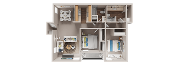A top-down view of a small, neatly organized apartment.