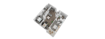 A 3D floor plan of a house with a kitchen, living room, and two bedrooms.