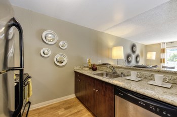 Model home kitchen with open counter space, large sink, stainless appliances, including dishwasher. Kitchen overlooks the living room - Photo Gallery 3