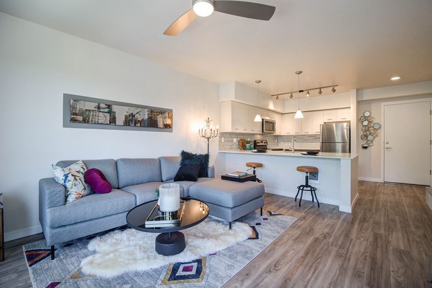 Living Room with Wood Inspired Floor, Gray Sofa, Barstools, Kitchen Countertop and Ceiling Fan/Light - Photo Gallery