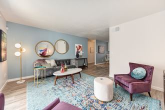 Living Room Living Room with Blue Pattern Rug, White Table, Gray Sofa, Purple Chair and Round Wall Mirrors - Photo Gallery