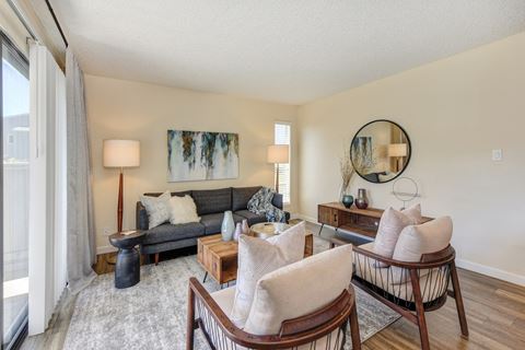 Living room with two tone paint,  Hardwood Inspired Floor, Gray/White Rug, Gray Sofa and Round Mirror  at Silverstone Apartments, Davis, CA