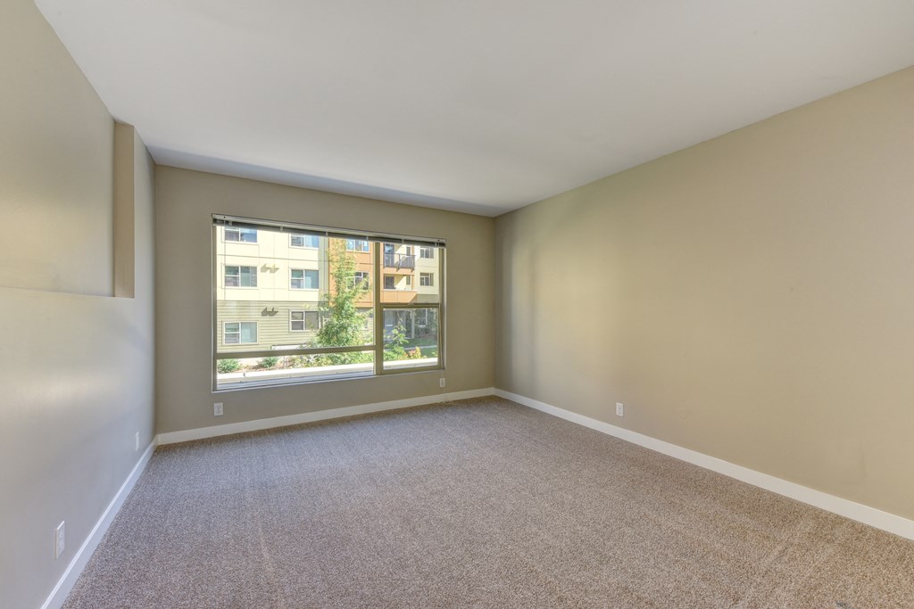 Vacant home bedroom with carpeting through out and large window in  room.