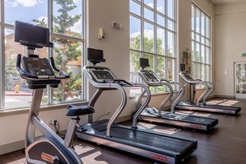 four treadmills in a gym with large windows