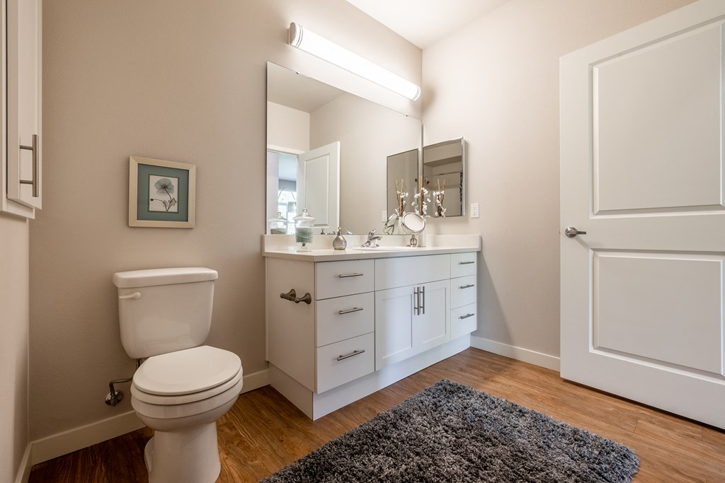 Model Home furnished bathroom with gray rug, white cabinets, large mirror above the sink