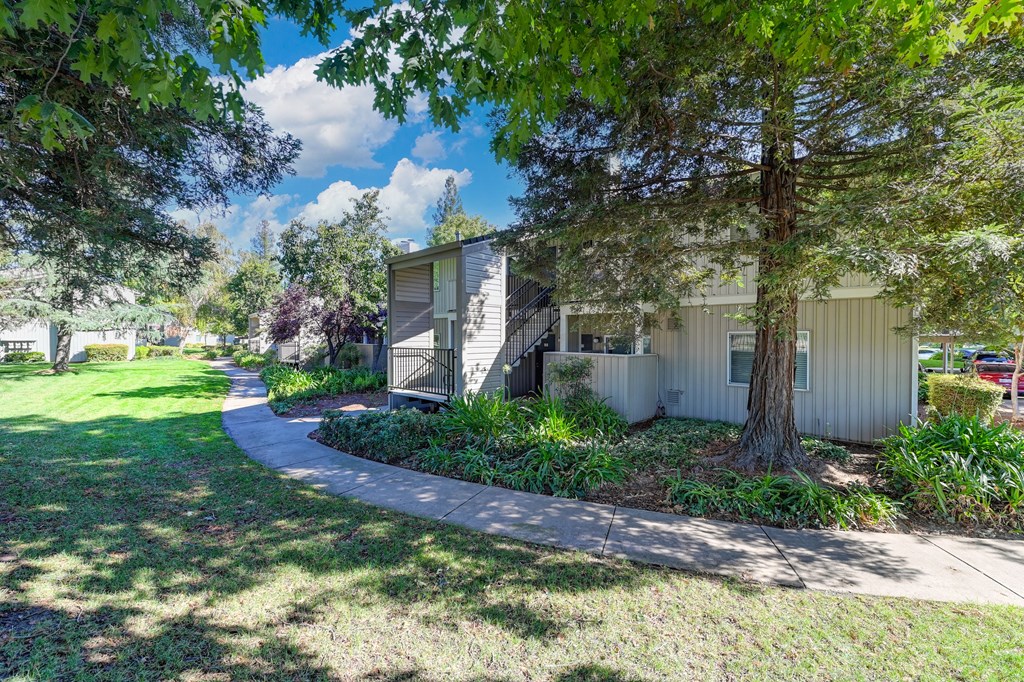 Monte Bello Community grounds with mature tress and landscaping around the building.  Concrete walk path through out the community. at Monte Bello Apartments, Sacramento, California