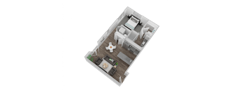 A top-down view of a house layout with a kitchen, living room, and bedrooms.